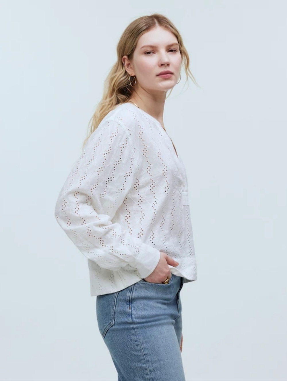 Madewell Long-Sleeve Popover Top in Eyelet In White Sz S